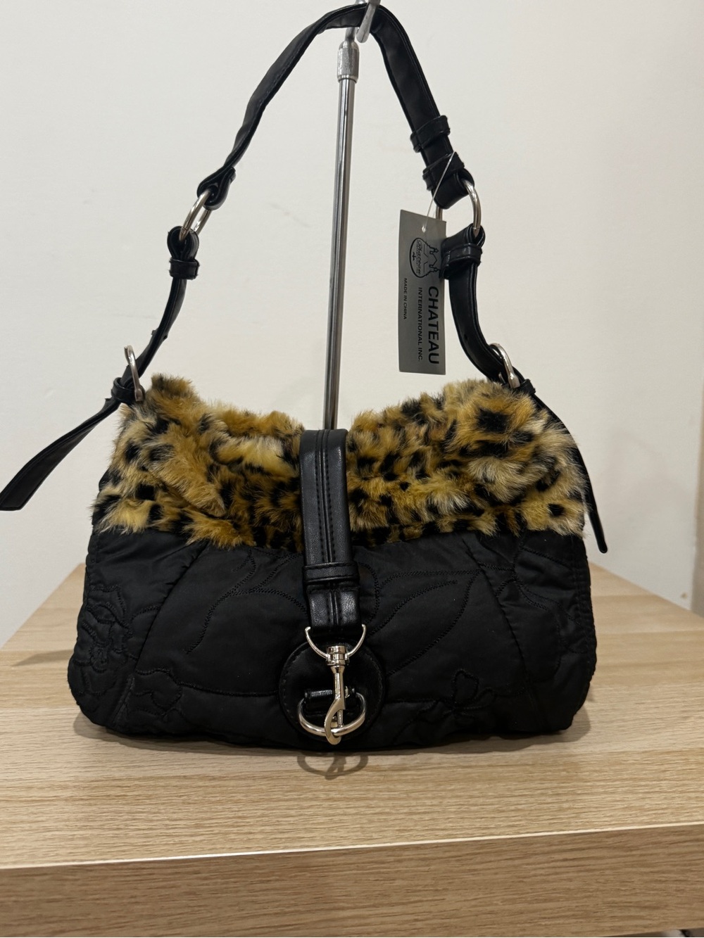 Chateau Black Quilted Shoulder Bag with Leopard Faux-Fur Trim